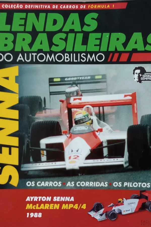 Capa da revista Lendas Brasileiras com Ayrton Senna em destaque, homenageado como um dos maiores ídolos do país, na capa senna dentro seu carro McLaren mp4