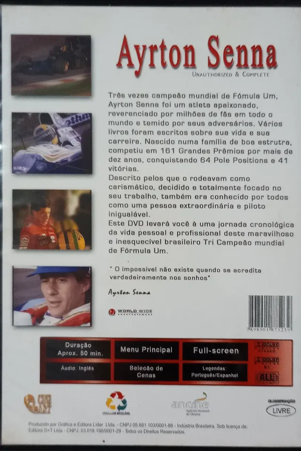 Contra Capa Ayrton Senna – Edição de Colecionador da Cine Art, com foto do piloto e título em destaque no DVD estampado