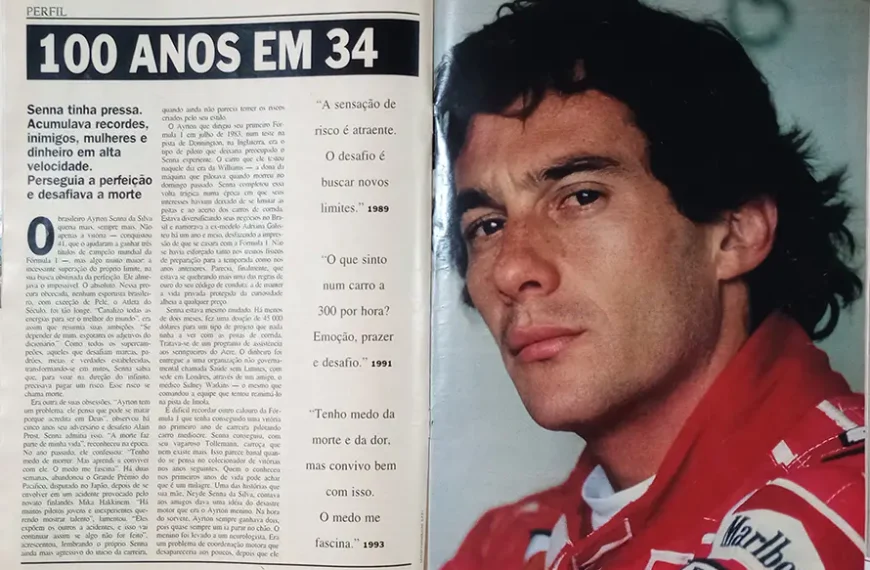 Senna Sério, ao lado textos com frases como ser forte, atração pela adrenalina e morte.
