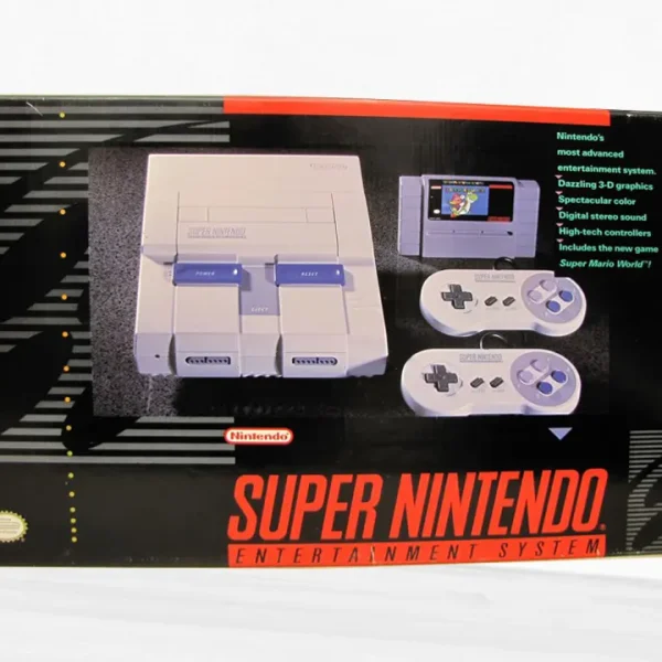 Caixa original do Super Nintendo (versão americana), com console e controle na embalagem, original anos 90