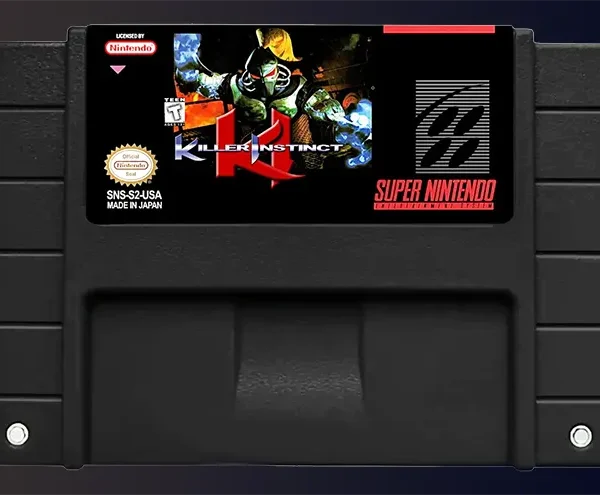 Cartucho Killer Instinct original da Nintendo para Super Nintendo (SNES), jogo clássico de luta, fita inteira preta, a capa do cartucho tem o robo Fullgore, na frente o nome do game.