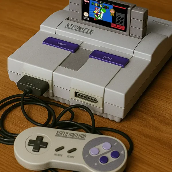 Console Super Nintendo original da Nintendo versão americano, sobre uma mesa