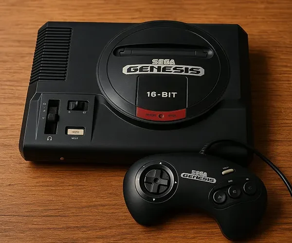 Console Sega Genesis original da Sega, todo preto, controle com 3 botoes cor preta também, nele escrito 16 bits SEGA GENESIS em branco
