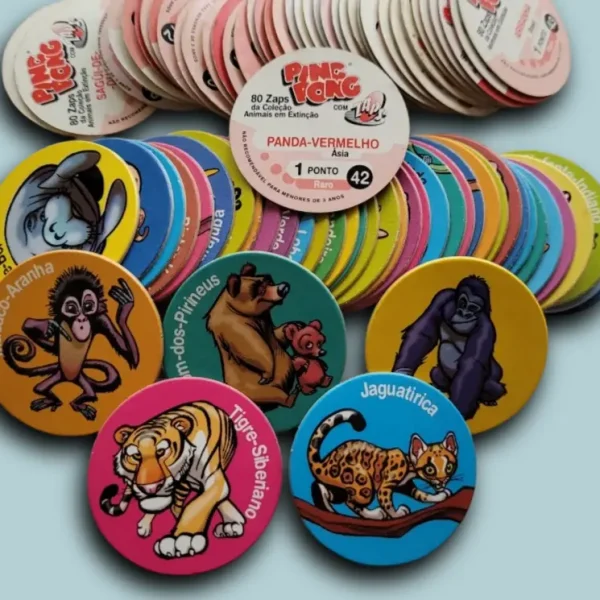 Tazos Ping Pong Animais, colecionáveis originais, animais do mundo todo estampados em figuras coloridas